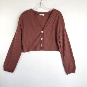 Romwe Cropped Cardigan Womens Medium Mauve Waffle Knit Long Sleeve Button Up Top